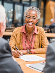 A woman smiling, leading a meeting in an office setting, engaging with colleagues.