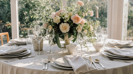 Elegant indoor wedding reception breakfast table setting with fine china and fresh flowers in soft morning light, top view