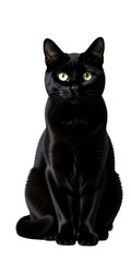 Black Cat Sitting with Yellow Eyes, Transparent Background, 3D Realism Illustration