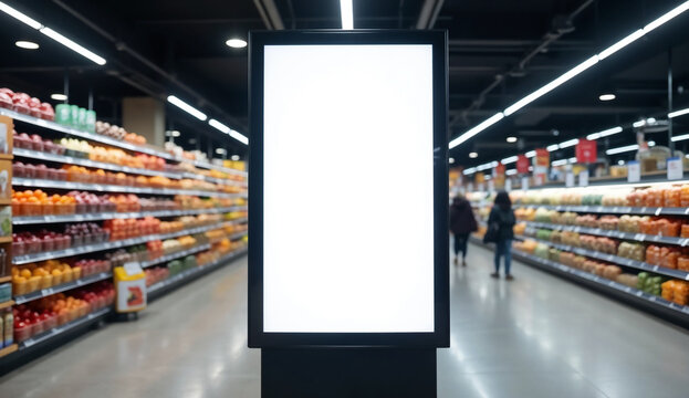 Blank digital billboard template with black frame in supermarket