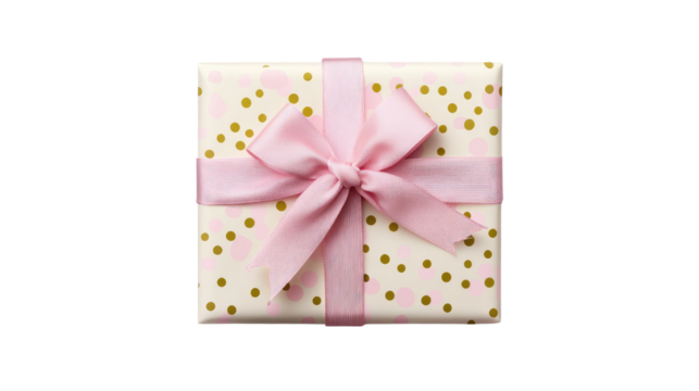 Chic pastel gift box with golden dots and pink ribbon decoration isolated on white background
 - Powered by Adobe