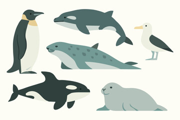 Ocean animals collection dolphin whale shark orca seal and penguin