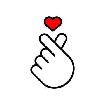 Finger heart line icon. Hand gesture symbolizing love, affection, kindness, success. Snapping fingers creating heart shape. Minimalistic outline drawing as a sign of friendship. Vector illustration.  