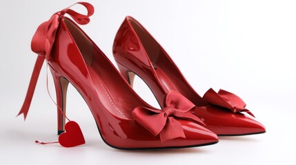 Elegant red high heels with bows and heart accent on white background, romantic Valentine's Day concept.