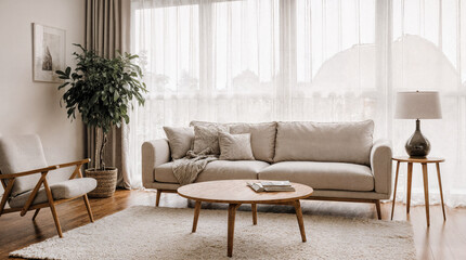 Modern minimalist living room with neutral palette, floor-to-ceiling windows, soft natural light, and Scandinavian-inspired furniture arrangement for cozy yet spacious home interior photography