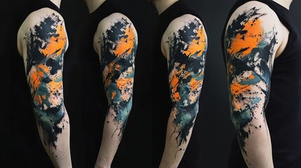 Abstract tattoo sleeve with dynamic splashes and shapes.