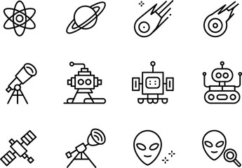 Space and robotics icon set with atom, planets, comets, telescopes, satellites, and robots in black line style