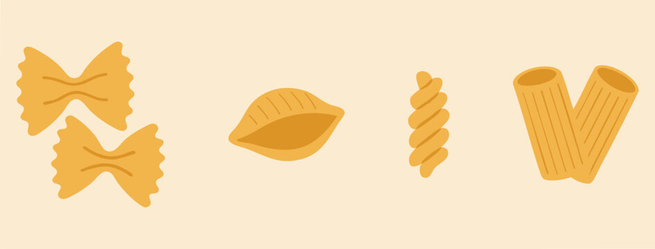 Assorted pasta shapes farfalle conchiglie rotini and rigatoni