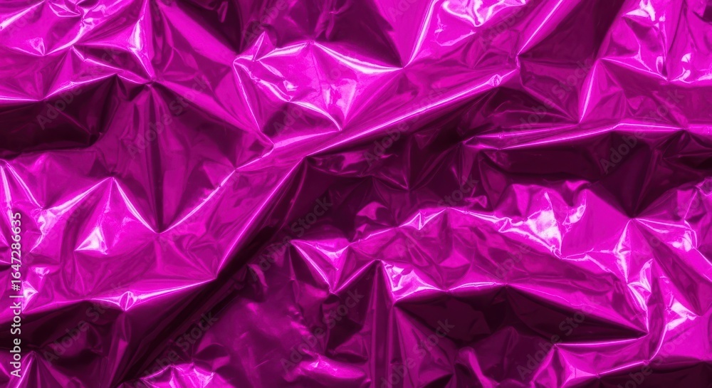 Poster closeup of crumpled shiny magenta foil texture with intricate folds and highlights, creating an abst