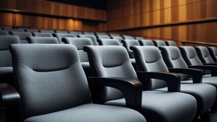 Fototapeta premium Empty auditorium with rows of gray chairs and wooden walls. Conference or meeting room setting. Formal environment.