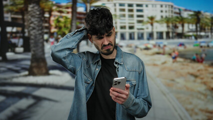 Man stands on promenade holding phone, appearing thoughtful, with seaside and palm trees in...
