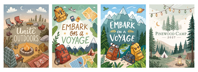 A serene outdoor scene featuring camping gear, mountains, and a cozy campfire inviting adventure.