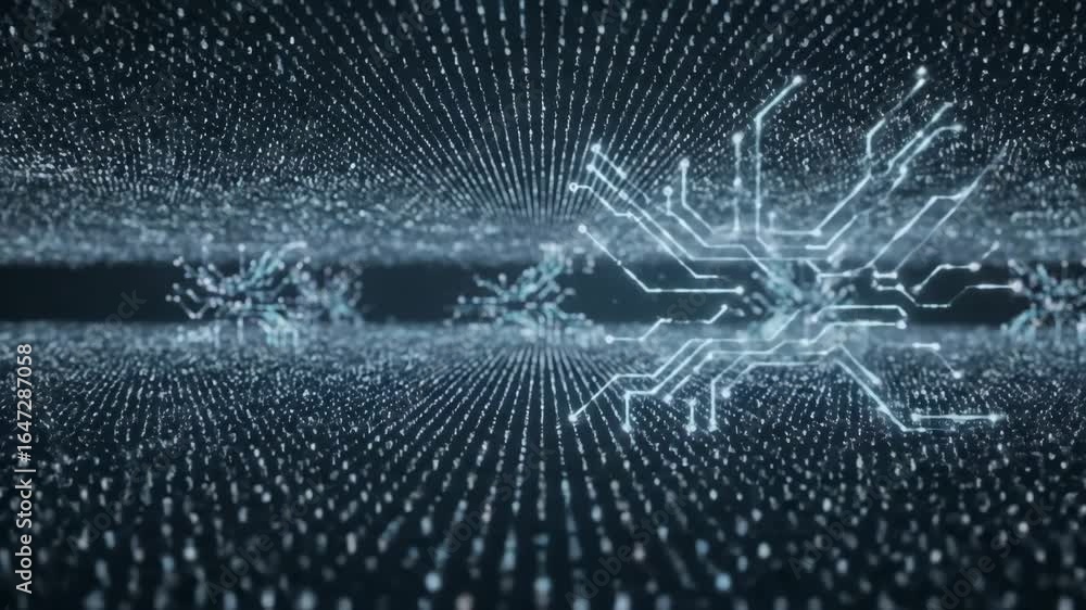 Poster flight through luminous data cloud - abstract shot of a digital journey through a vast, luminous clo