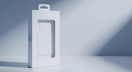 Clean white product packaging mockup:  a minimalist phone box with a window cutout, shown in a studio setting with soft, natural