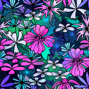 Wild different flowers. Summer meadow. Seamless vector pattern.Графика и иллюстрации