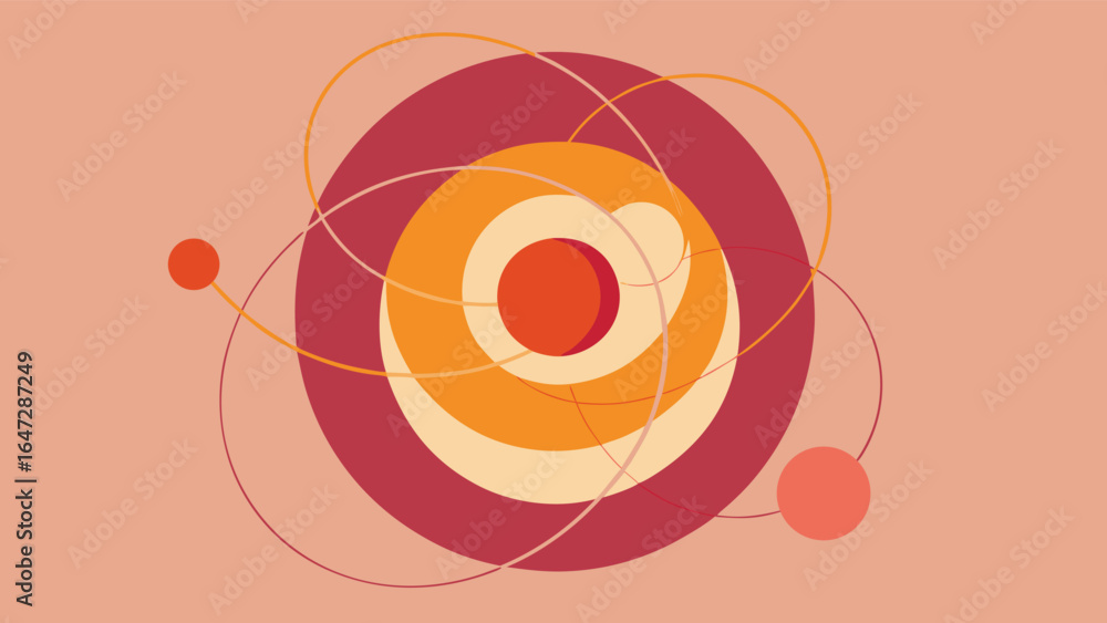Poster abstract atomic structure with orbiting planets in warm colors science