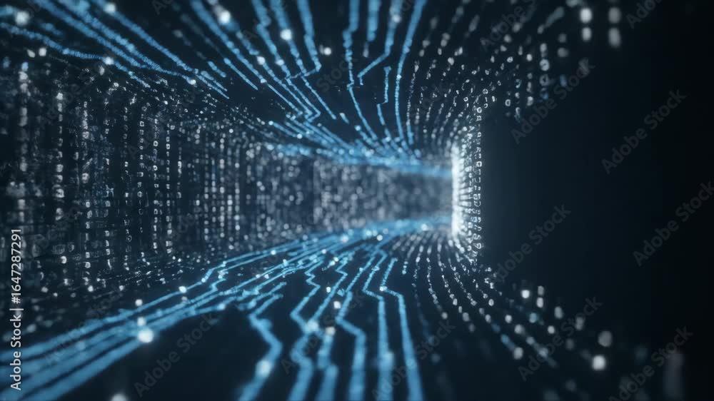 Poster flight through digital data stream - abstract shot of a virtual journey through a luminous digital c
