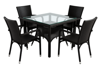 Black Wicker Dining Set with Glass Top, Modern Outdoor Furniture on Transparent Background