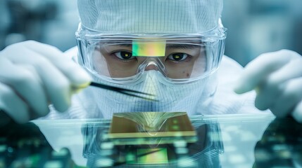 Focused Asian male scientist examining semiconductor material in cleanroom environment.