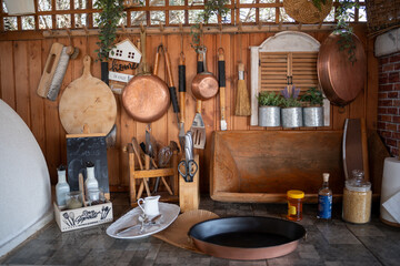 Cozy kitchen corner adorned with rustic cookware and charming decor showcasing culinary inspiration and warmth