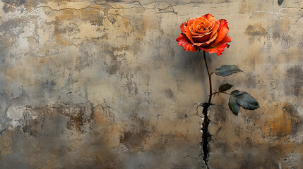 A vibrant orange rose emerges from a crack in a textured, weathered wall, symbolizing resilience and beauty found in unexpected places.