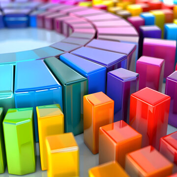 A vibrant, close-up abstract conceptual 3D render of a colorful pie chart or segmented circular graph. The structure is made of glossy, metallic-looking columns and blocks in a rainbow spectrum of col