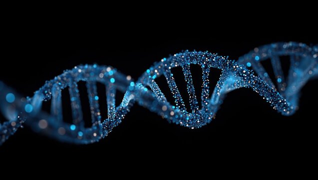 Illuminated DNA Strand with Bokeh Effect Against a Black Background