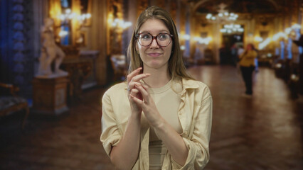 Woman with glasses shows palms up gesture in an ornate museum hall with sculptures and chandeliers;...