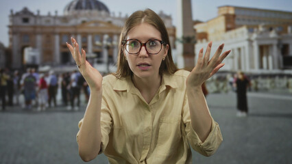 Woman with blonde hair and glasses raises both hands beside her face in front of a historic...