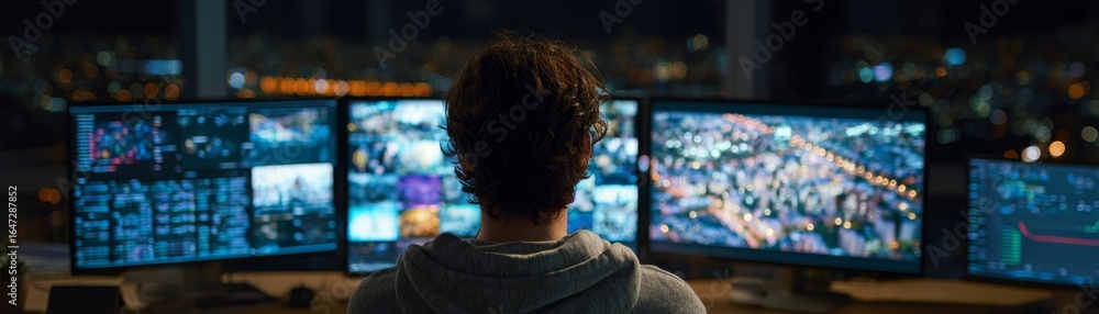 Poster a dedicated female professional meticulously analyzing complex data streams across a multi monitor s
