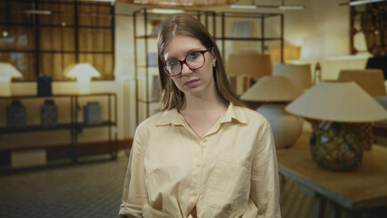 Young blonde woman wearing glasses and a beige shirt shows middle finger beside modern lamp display...