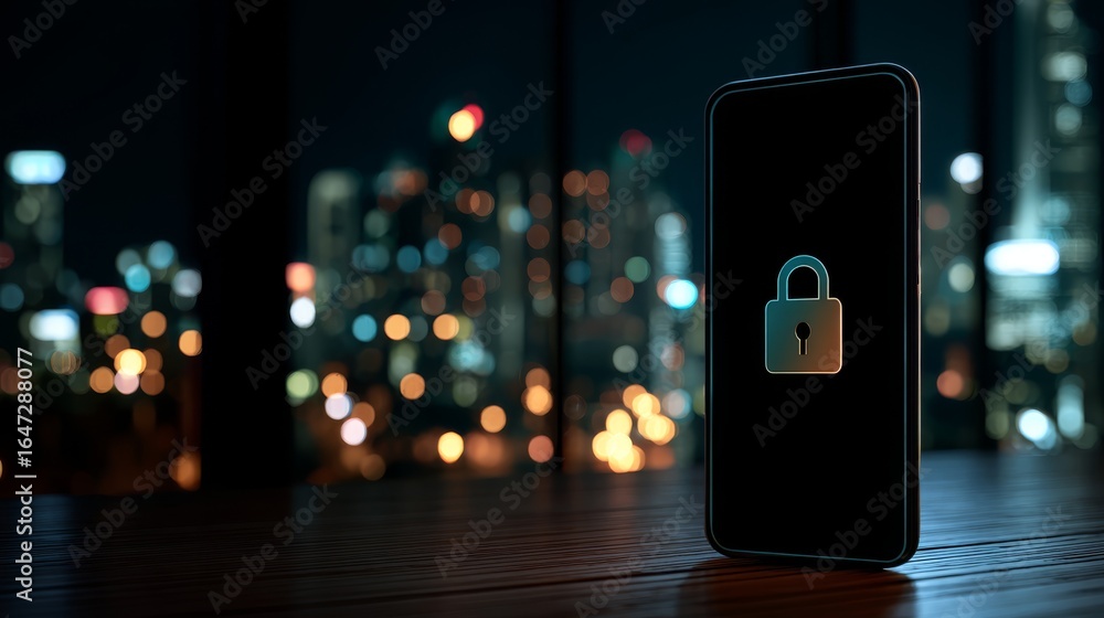 Poster a sleek black mobile smartphone device with a prominent golden padlock icon on the screen symbolizin
