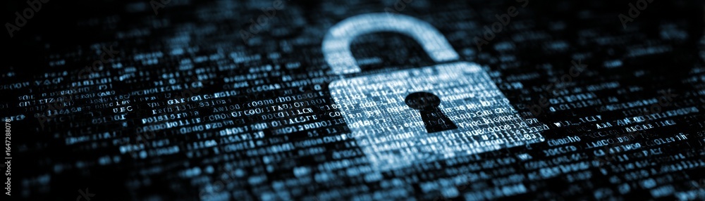 Poster digital security concept illustrating data protection and online privacy with a locked padlock on a 