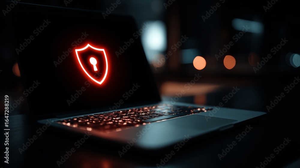 Poster a sleek modern laptop sits on a dark surface its keyboard illuminated by a vibrant glowing red light