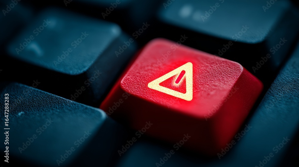 Poster a striking close up of a single vibrant red circular button set against a modern dark black computer