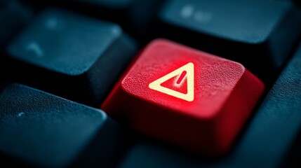 A striking close up of a single vibrant red circular button set against a modern dark black computer keyboard illustrating a concept of power decision or a singular important command.