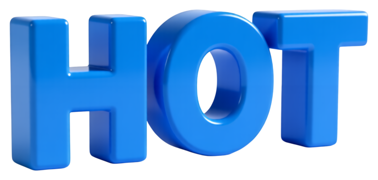 Blue Glossy 3D Hot Text on Transparent Background, Modern Digital Asset