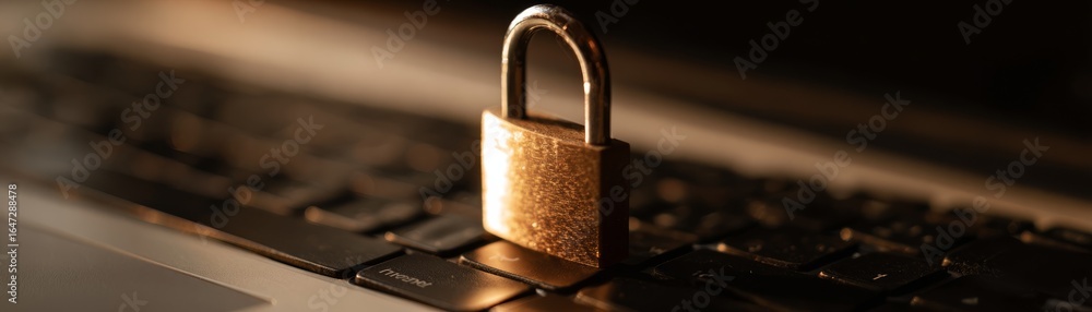 Poster a metal padlock securing a modern laptop keyboard symbolizing digital security data protection inter