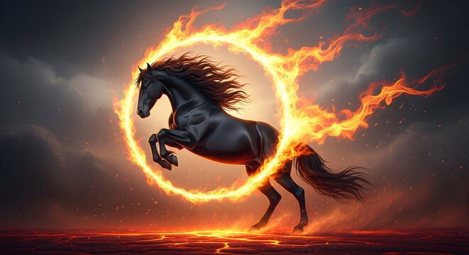 Powerful black horse is rearing up inside a vibrant circle of flames, set against backdrop of dark clouds and glowing embers, representing strength and renewal for the year 2026	