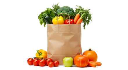 A Brown Paper Bag Overflowing with Fresh Vegetables and Fruits, Standing on a White Background with a Variety of Produce Scattered Around its Base