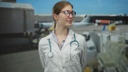 Young blonde woman doctor wearing glasses holds stethoscope in both hands beside head at airport;...