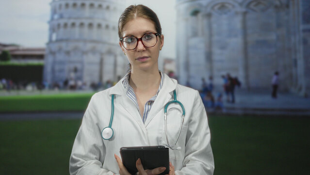Doctor wearing white coat holds tablet and stethoscope by building in pisa and gazes at camera; confidence.