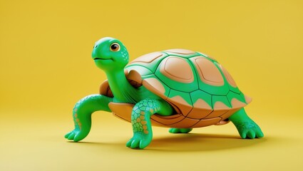 Obraz premium Colorful turtle toy with green shell and orange accents on a yellow background.