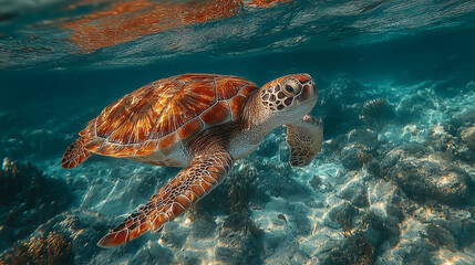 Fototapeta premium Orange turle is underwater.