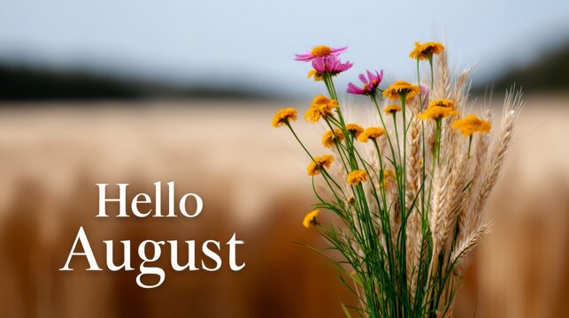 Beautiful field of yellow flowers with a sign that says Hello August. The sign is placed on top of the flowers, creating a lovely and inviting atmosphere - Powered by Adobe