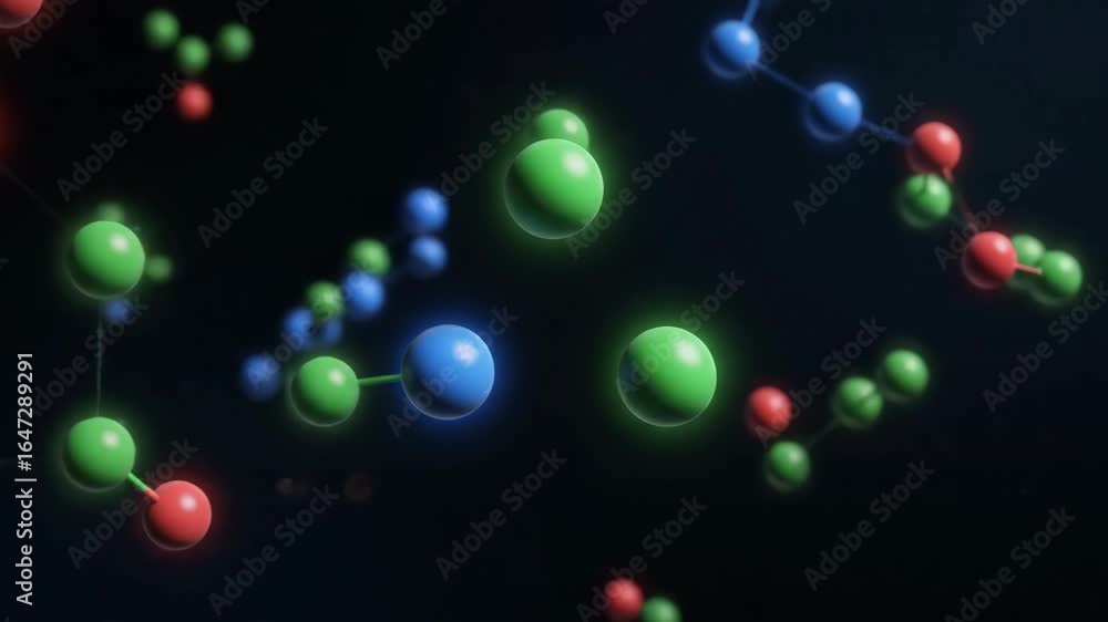 Poster abstract molecular structure animation - colorful spheres representing atoms are connected by lines,