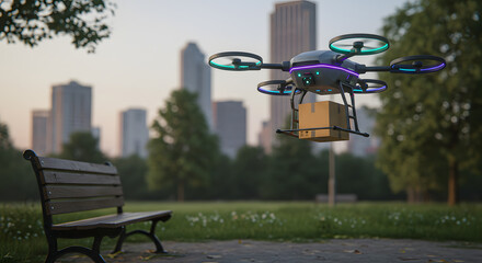 Modern Drone Carrying Cardboard Box Flying Over Park