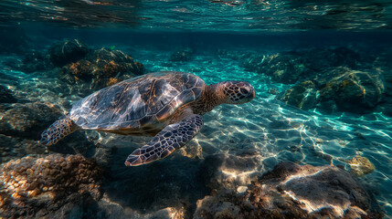 Obraz premium A mini turtle floating underwater.