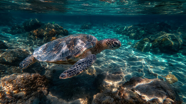 A mini turtle floating underwater.
