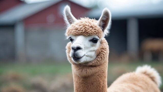 Close-up of a llama with a barn in the background. Farm animal, playful and cute. Farm and livestock, animal photography. The concept of farm animals and rural life.